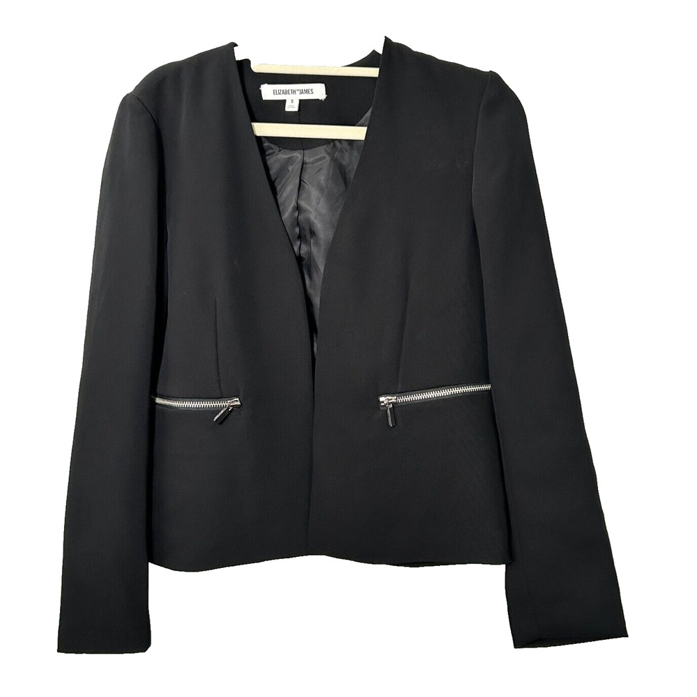 Elizabeth & James Women's Black Zipper Pocket Open Front Cropped Blazer Size S